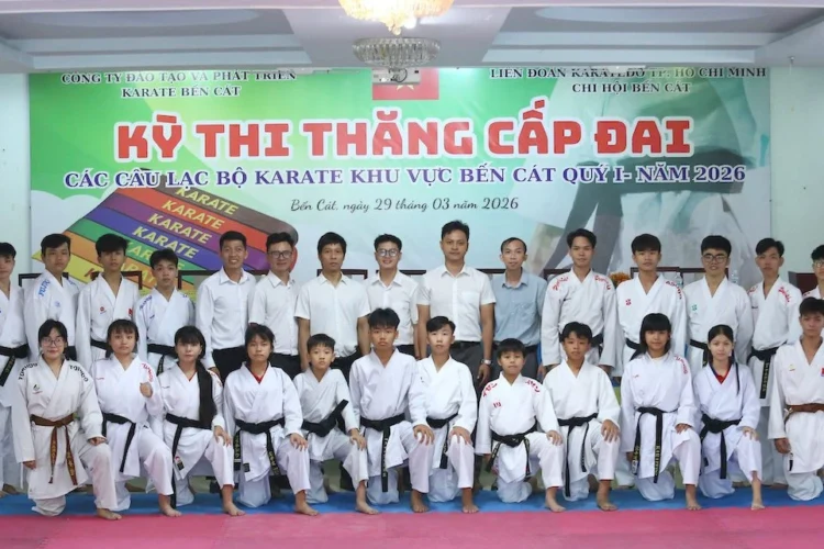 Karate Bến Cát vừa tổ chức thành công kỳ thi thăng đai quý 1-2026. Ảnh: Quốc Anh.